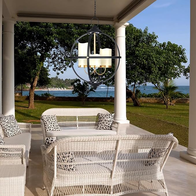 Battery Operated Outdoor Candle Chandelier - Black and Gold Metal Globe Hanging Pendant Light with 3 Flameless Candles, 12.6" Waterproof Lights for Gazebo, Pergola, Garden, Porch & Backyard