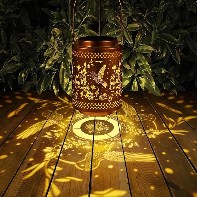 Hummingbird Solar Lanterns Garden Decor Birthday Gifts for Women Mon Grandma Metal Hanging Solar Lights Waterproof Outdoor Decoration for Outside LED Lanterns for Yard Patio Lawn Pathway Landscape