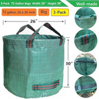 Professional 3-Pack 72 Gallons Yard Lawn Garden Bags (D26, H30 inches) with Coated Garden Gloves,Reusable Leaf Waste Bags,Patio Bags,Laundry Container,Gardening Trimmings Bag with 4 Handles