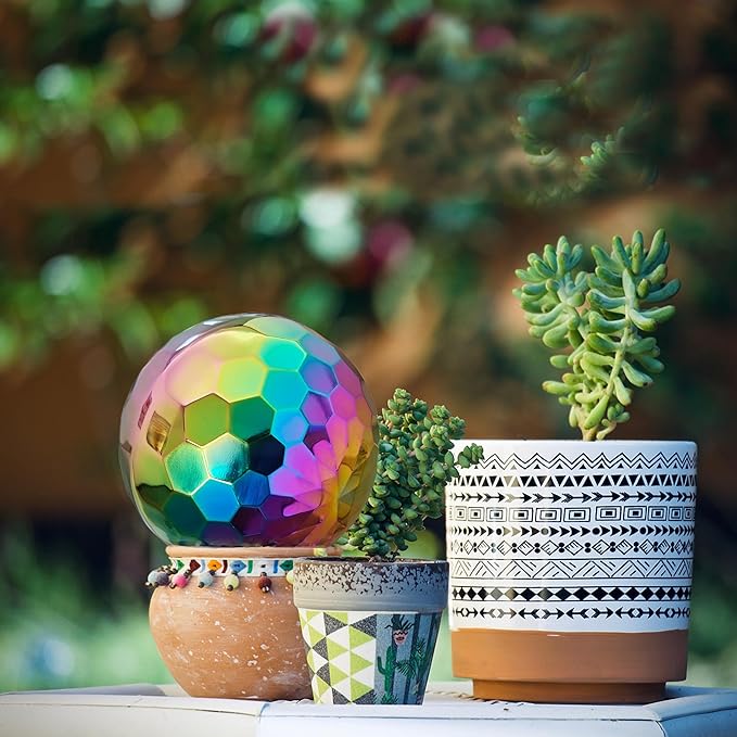 304 Stainless Steel Gazing Ball Sculptures Diamond Ball Decoration Mirror Hollow Decor Ball Reflective Garden Sphere Hollow Metal Ball Ornament Statues Gazing Globe for Home Garden (Rainbow 6 inch)