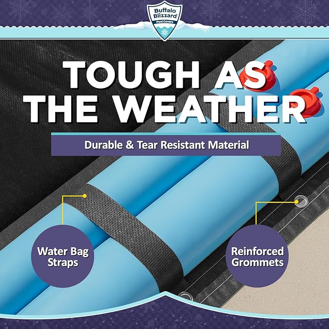 Buffalo Blizzard Deluxe Winter Cover for 16 ft x 24 ft Rectangle Inground or Above Ground Swimming Pools | Blue/Black Reversible | 5-Foot Additional Material