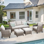 Patio Furniture Set, 5 Pieces Outdoor Wicker Rattan Sofa Couch with Rattan Chair, Ottomans and Comfy Cushions, All Weather Patio Conversation Sets, Suit for Porch Deck Garden
