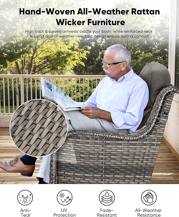 HUMMUH 3-Piece Swivel Rocking Rattan Chair Outdoor, Patio Bistro Furniture Conversation Set with Cover, Cushioned Wicker Chair with Glass Coffee Table(Grey, Grey)