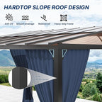 Gotland 10FTx12FT Outdoor Wall-Mounted Hardtop Pergola, Metal Frame Gazebo with Sloping Sun Panel Roof and Double Curtains for Patio, Garden, Lawn, Navy