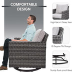 6 Piece Wicker Patio Furniture Set - Outdoor Swivel Rocker Chairs Set with Side Table, 3 Seat Sofa and Ottomans, Small Patio Conversation Sets Proch Furniture for Balcony Deck - Grey/Beige