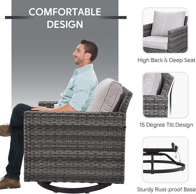 7 Piece Wicker Patio Furniture with Fire Pit Table - Outdoor Conversation Set with 50,000 BTU Fire Pit, All Weather Rattan Patio Set for Deck Backyard Garden - Grey Wicker Beige Cushion