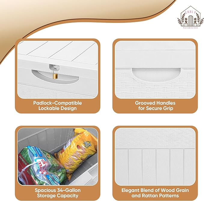 33 Gallon Deck Box, Small Outdoor Storage Box Waterproof, Lockable Secure Package Bin Delivery Box for Outside Front Porch, Patio Cushions Storage Box, Delivery Driver Snack Box for Porch, White