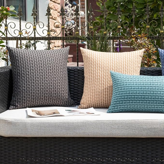 Kevin Textile Outdoor Waterproof Throw Pillow Covers Pack of 2 Weaving Texture Water Resistant Outside Decorative Cushion Covers for Garden Patio Tent Balcony Bench Couch Sofa 16x16 Inch, Dark Grey
