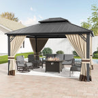 12'x14' Hardtop Gazebo,Outdoor Galvanized Steel Metal Double Roof Gazebo with Curtains and Netting for Patios,Gardens,Lawns,Sand