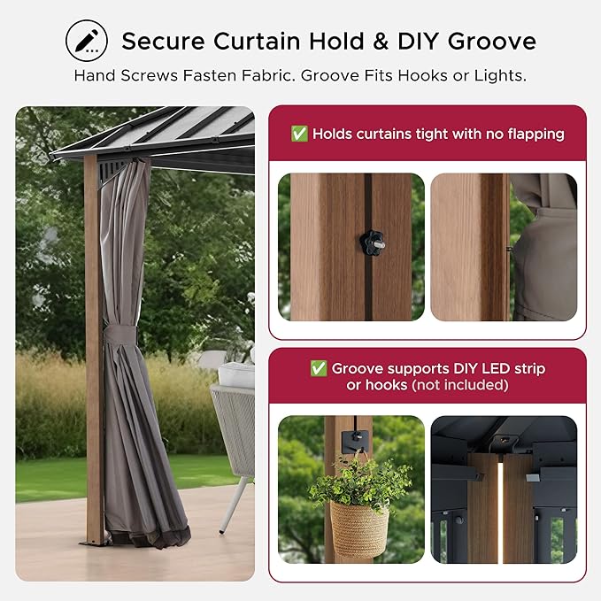 SUNJOY Kingston 12' x 10' Hardtop Gazebo with Galvanized Steel/Polycarbonate Double Roof, Curtain and Netting, Woodgrain Finish Aluminum Posts Permanent Pavilion Gazebo for Garden, Patio, Deck, Lawn