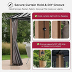 SUNJOY Kingston 12' x 12' Hardtop Gazebo with Galvanized Steel/Polycarbonate Double Roof, Curtain and Netting, Woodgrain Finish Aluminum Posts Permanent Pavilion Gazebo for Garden, Patio, Deck, Lawn