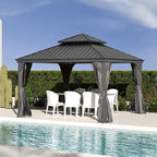 Domi 12x12FT Outdoor Gazebo, Hardtop Gazebo with Galvanized Steel Double Roof, Metal Gazebos with Drainage System Patio Pergola for Patio Deck Backyard,Curtain and Netting,Gray