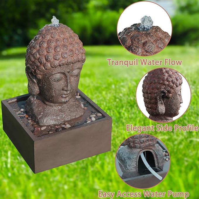 Buddha Water Fountain Outdoor Indoor Zen Statue Decor Large Fiberglass Decorative Fountains in Rock Color 22" Height