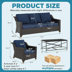 4 Pieces Outdoor Conversation Furniture Set - 77" Patio Sofa, 2 Wicker Armchairs, 1 Metal Coffee Table, Patio Wicker Furniture Set with Water-Resistant Cushions for Sunroom (Navy Blue)
