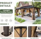 Aoxun 12'x20' Hardtop Gazebo, Aluminum Frame Permanent Pavilion with Curtains and Netting, Outdoor Polycarbonate Double Roof Canopy, Designed for Garden, Lawns, Patio