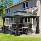 Domi 12' X 12' Hardtop Gazebo Outdoor Metal Gazebo with Galvanized Steel Double Roof Canopy, Aluminum Frame, Curtains and Netting for Patio, Deck, Garden, Grey