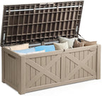 YITAHOME 120 Gallon Large Outdoor Storage Box with X-Shaped Front, Waterproof Resin Deck Box Cushion Storage Bench for Patio, Pool Supplies, Garden Tools- Lockable, Taupe