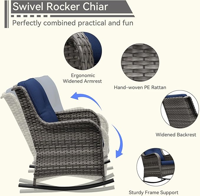 3 Piece Outdoor Rocking Chair Bistro Set, Wicker Patio Furniture Set Includes 2 Chiars and 1 Side Table, for Yard, Porch, Mixed Brown Grey Rattan, Blue