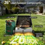 26" Push Lawn Sweeper with 7.5 cu. ft Mesh Collection Hopper Bag, 100L Leaf Bag, 4 Adjustable Height Spinning Brushes, Steel Frame & Rubber Wheels – Quick Cleaning for Leaves and Grass,Grey