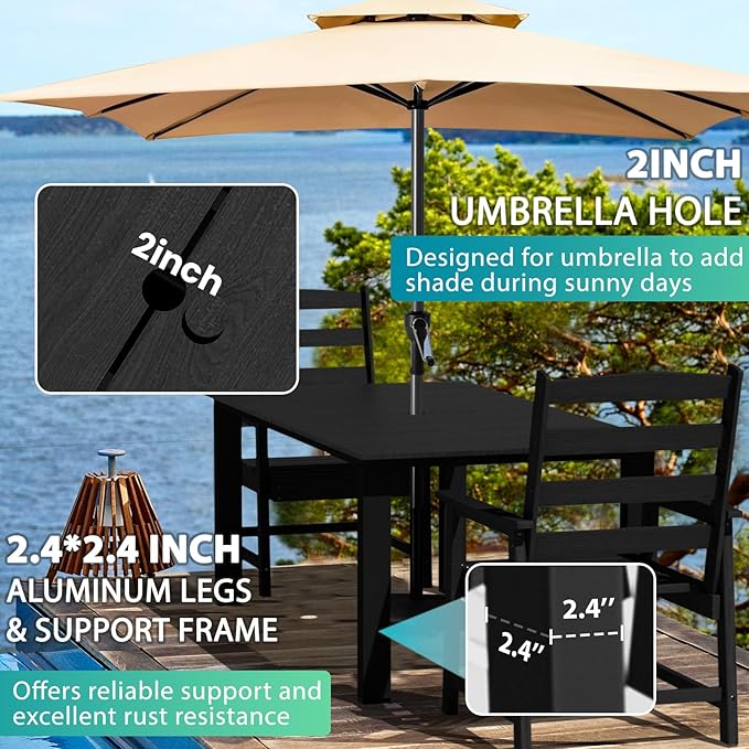 LOUNZY 5 Pieces Patio Dining Sets, Outdoor HDPE Furniture Set for 4 w/ 2" Hole Cut-Out Dining Table with 4 Patio Chairs for Pool, Lawn and Garden,Black