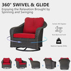 Wicker Swivel Rocking Chairs Set 2, Outdoor Brown Wicker Swivel Glider Chair Outdoor Rocking Chair with Water-Resistant Cushions, Red
