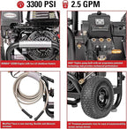 SIMPSON Cleaning PS3228 PowerShot 3300 PSI Gas Pressure Washer, 2.5 GPM, Honda GX200 Engine, Includes Spray Gun and Extension Wand, 5 QC Nozzle Tips, 5/16-inch x 25-foot MorFlex Hose, 49-State
