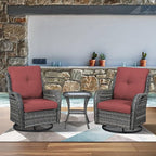 Luxury Wicker Swivel Patio Chairs Set of 3, Outdoor Swivel Rocking Chairs with Side Table, Outdoor Bistro Set for Patio, Porch, Yard, Deck, Poolside, Grey/Red