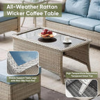 Wicker Outdoor Conversation Set-6 Pieces Outdoor Wicker High Back Couch with Swivel Rocker Chairs Patio Furniture for Deck Poolside Backyard-Light Grey/Blue
