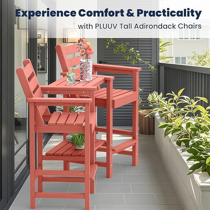 Tall Adirondack Chairs Set of 2, All Weather HDPE Poly Bar Height Balcony Adirondack Chair with Removable Double Connecting Trays, Outdoor Adirondack Barstools for Deck, Patio, Yard, Pool, Lawn