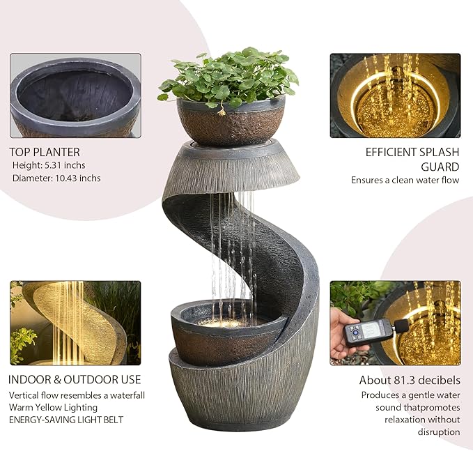31.9" S-Shaped Water Outdoor Fountain–Modern Cascading Waterfall Feature with LED Lights & Planter Bowl, Garden Fountains Outdoor for Patio, Balcony, Yard or Home Decor, Resin Waterfall