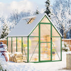 6x7 FT Outdoor Greenhouse, Polycarbonate Greenhouse with Roof Vent and Ground Nails, Aluminum Large Walk-in Green House w/ Lockable Push Door for Outside Garden Backyard (Green, 6x7 FT)