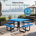 46Inch Square Picnic Table for 8 Person, Outdoor Heavy Duty Sturdy Picnic Tables with 4 Benches & Umbrella Hole, Commercial Metal Patio Picnic Table for Garden, BBQ, Coffee Store, Party, Porch (Blue)