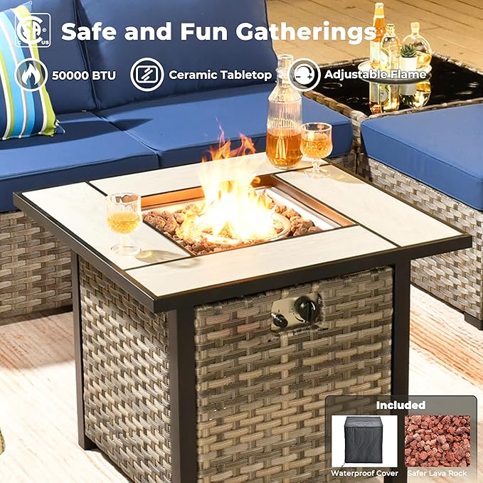 ovios 10 Pieces Patio Furniture Set, Outdoor Wicker Sectional Sofa with 30" Fire Pit Table Swivel Chairs, Modern Modular Deep Seat Rattan Couch Conversation Sets, Navy Blue