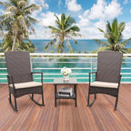 Outdoor PE Wicker Rocking Chair 3-Piece Patio Rattan Bistro Set 2 Rocker Armchair and Glass Coffee Side Table Furniture Washable Lacing Khaki Cushions