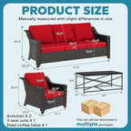 4 Pieces Outdoor Conversation Furniture Set - 77" Patio Sofa, 2 Wicker Armchairs, 1 Metal Coffee Table, Patio Wicker Furniture Set with Water-Resistant Cushions for Sunroom (Red)