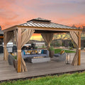 MELLCOM 12'x12' Hardtop Gazebo, Wood Grain Aluminum Frame Outdoor Gazebo with Double Galvanized Steel Roof, Permanent Metal Pavilion with Curtains and Nettings for Patio, Backyard, Deck and Lawns