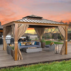 MELLCOM 12'x12' Hardtop Gazebo, Wood Grain Aluminum Frame Outdoor Gazebo with Double Galvanized Steel Roof, Permanent Metal Pavilion with Curtains and Nettings for Patio, Backyard, Deck and Lawns