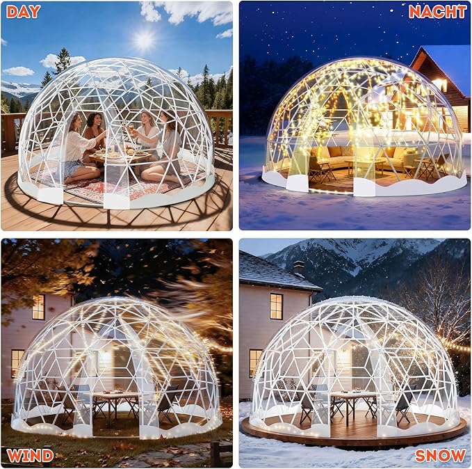 12FT Garden Dome Tent, Geodesic Dome Greenhouse with PVC Clear Cover, Waterproof Garden Bubble Dome Tent House with 2 x 10M Light Strings for Outdoor, Patio, Backyard, Party (White Edge, 15FT/4.6M)