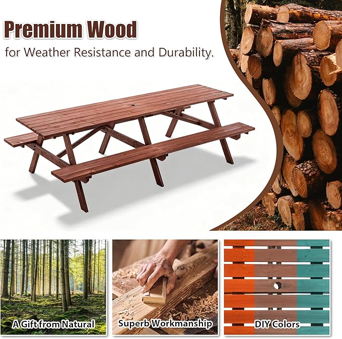 Picnic Table with Bench for 12 Person Rectangle Outdoor Wooden Outdoor Picnic Table for Patio Garden Backyard Large Outside Dining Table Set with Umbrella Hole