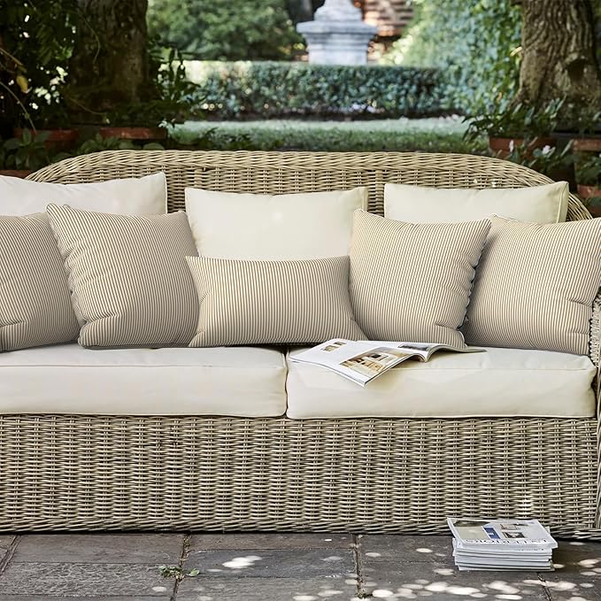 LVTXIII Set of 2 Patio Throw Pillows Waterproof 18"x18" Fade Resistant Outdoor Throw Pillows with Inserts, Fluffy Decorative Garden Toss Pillow Cushions for Home Patio Coach Sofa Use, Strip Beige