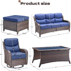 Rilyson Wicker Outdoor Patio Furniture Set - 8 Piece Patio Conversation Sets with Swivel Rocker Chairs, Ottomans, Sofa and Coffee Table, 6 inch Cushions, Deep Seating, for Porch Deck Brown/Blue