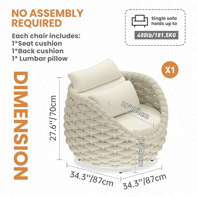 Patio Accent Chairs: Aluminum Porch Lounge Chair with Arms - Woven Rope Cushioned Armchair - Modern One Seater Sofa - Outdoor Deck Furniture for 400lbs Balcony Yard Garden Hotel, Beige
