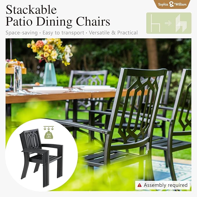 Sophia & William Patio Table and Chairs Set, Outdoor Dining Set for 6, 7 Piece Metal Patio Furniture, 60" Black Rectangular Table(Geometry)
