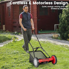 Goplus Manual Lawn Mower, 16 Inch 5-Blade Walk-Behind Cordless Grass Cutter with 7 Gallon Removable Grass Collect Bag, Adjustable Cutting Heights, Push Reel Lawn Mower for Yard, Garden
