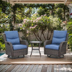 Patio Swivel Chairs with Smile-Shaped Cushions, 3 Piece High Back Patio Swivel Glider Chairs with Side Table 3PCS PE Rattan Luxury Swivel Patio Chair Set Brown Wicker - Blue Cushions
