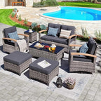 MEISSALIVVE 7 Pieces Patio Furniture Sets,PE Wicker Outdoor Conversation Sets with 2 Wood Armrests Swivel Rocker Chairs, 2 Ottoman, 2-seat Sofa and Coffee Table(Grey)
