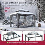 SUNJOY Kingston 12' x 10' Hardtop Gazebo with Galvanized Steel/Polycarbonate Double Roof, Curtain and Netting, Gray Aluminum Posts Permanent Pavilion Gazebo for Garden, Patio, Deck, Lawn