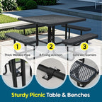 46Inch Square Picnic Table for 8 Person, Outdoor Heavy Duty Sturdy Picnic Tables with 4 Benches & Umbrella Hole, Commercial Metal Patio Picnic Table for Garden, BBQ, Coffee Store, Party, Porch (Black)
