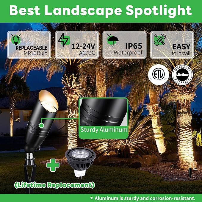 Landscape Spotlights, Black Low Voltage LED Outdoor Lighting, IP65 Waterproof Aluminum uplight for Yard House Porch with 5W MR16 Bulb 5000K 12 Pack