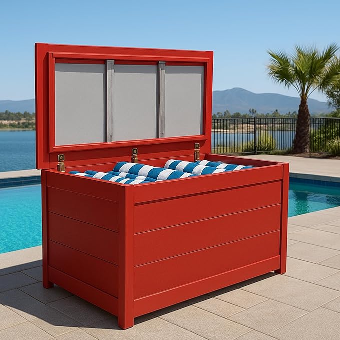 DutchCrafters Poly Waterproof Outdoor Deck Box 200-Gallon Large Deck Box Weatherproof Storage for Pool Decor, Porch Packages, Pool Towel Holder, Holds Up To 10 Cushions - Amish Made in USA (Red)
